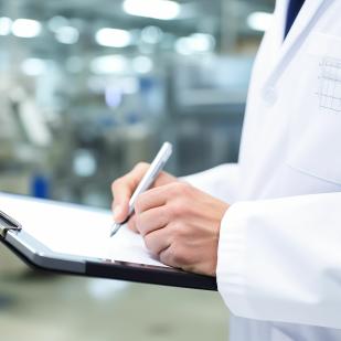 personne en blouse blanche contrôlant avec stylo et formulaire