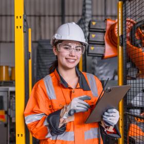 technicienne avec un casque blanc et tablette dans une usine