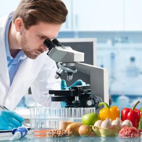 scientifique analysant des légumes dans un microscope