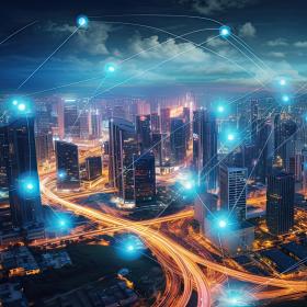 ville moderne avec routes et bâtiments d'affaires de nuit