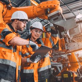 alternante avec son professeur, casqués avec gilets oranges devant bras robotisées 