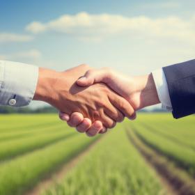 poignée de mains devant champs et ciel