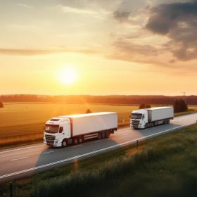 camion sur route avec soleil au couchant