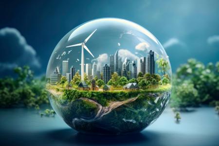 ville verte avec éolienne, bâtiments et herbes dans une bille de verre