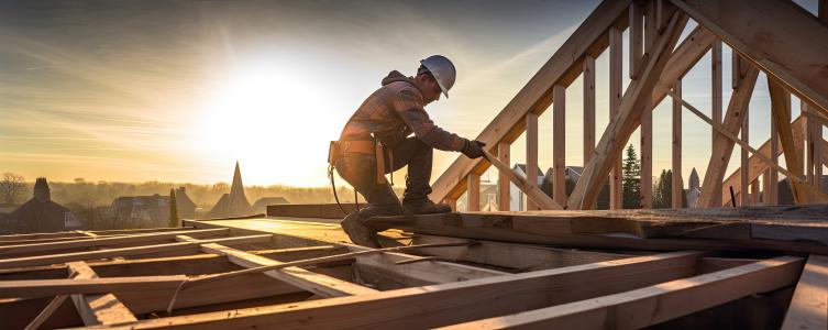 Technicien du bois travaillant sur une ossature bois de maison au soleil couchant