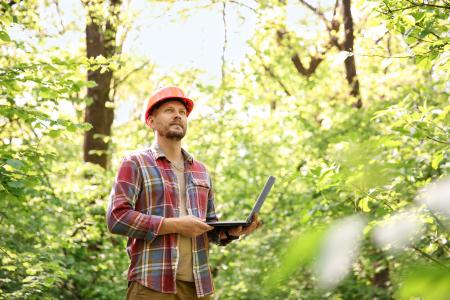 Agent forestier avec casque et ordinateur travaillant en forêt