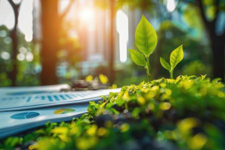 papiers, documents, sur de la mousse au sol avec jeune pousse d'arbre, contre-jour, lumière du solei