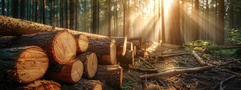 Buches, troncs d'arbres coupés dans la forêt avec contre-jour et rayon lumineux rasant