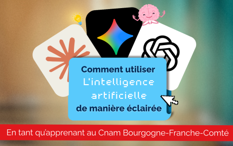 Visuel différentes ia dans un dossier, un cerveau et une limière, comment utiliser l'IA de manière éclairée en tant qu'apprenant au Cnam Bourgogne Franche Comté.